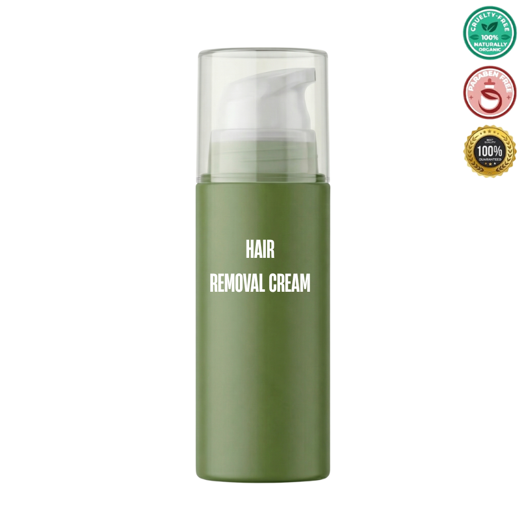 Hair Removal Cream in a green bottle with pump dispenser for smooth and polished skin.