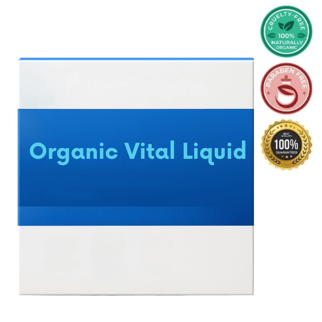 Packaging for Organic Vital Liquid showcasing its cruelty-free, paraben-free, and 100% organic certifications.
