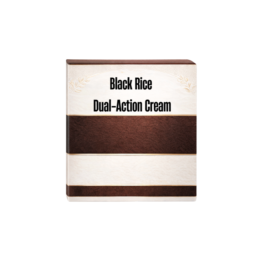 Packaging for Black Rice Dual-Action Cream, a skincare product designed for a smooth and radiant complexion.