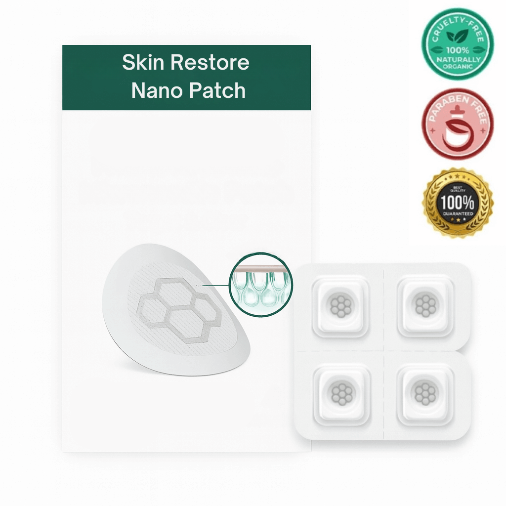 Skin Restore Nano Patch skincare product packaging with cruelty-free and organic certifications.