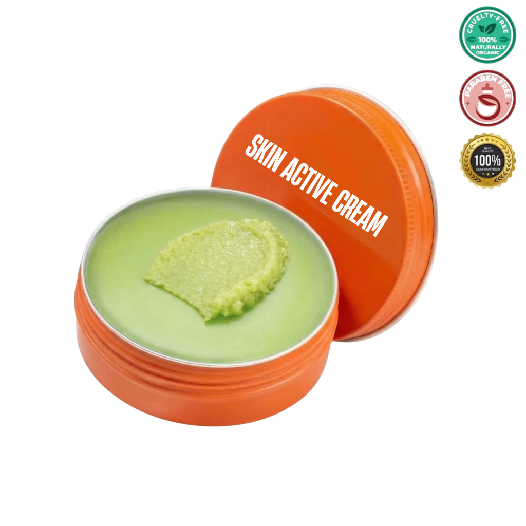 Skin Active Cream in an orange tin with green cream, promoting soft, refreshed skin and healthy hydration.