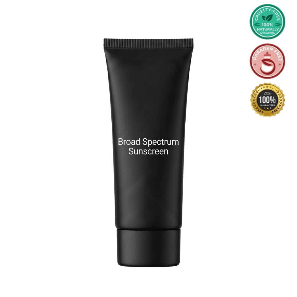 Broad Spectrum Sunscreen in a black tube with eco-friendly seals for natural ingredients.