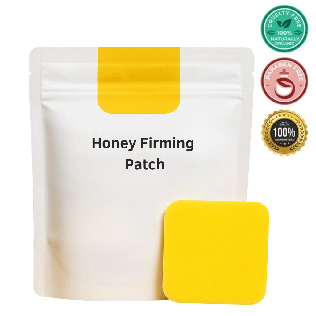 Honey Firming Patch skincare product in yellow packaging with a patch beside it, promoting smooth skin appearance.
