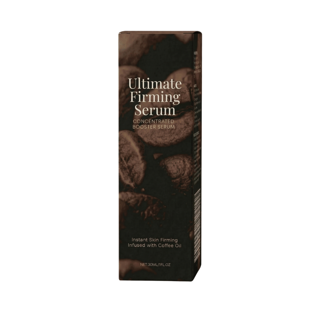 Ultimate Firming Serum bottle with coffee oil for instant skin firming and concentrated booster serum.