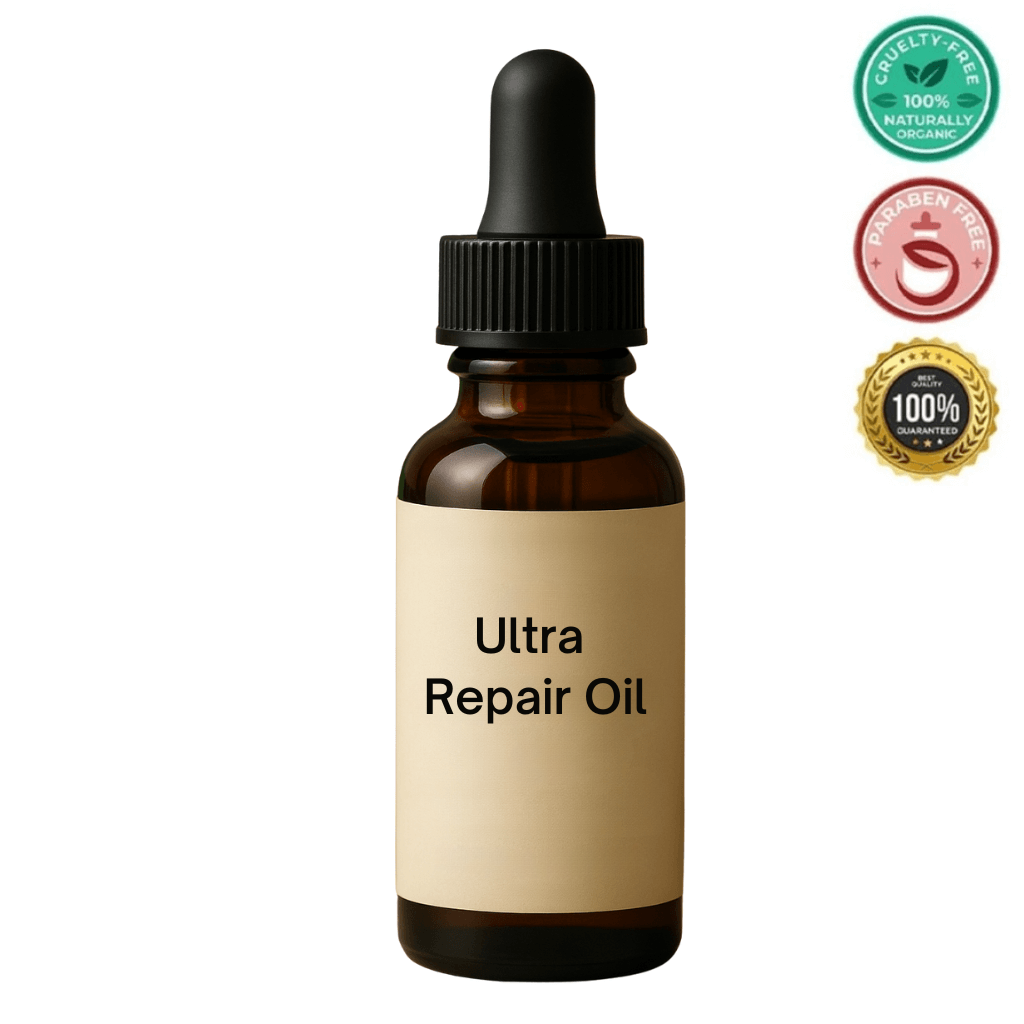 Bottle of Ultra Repair Oil, a skincare oil for smooth and radiant skin appearance, labeled cruelty-free and paraben-free.