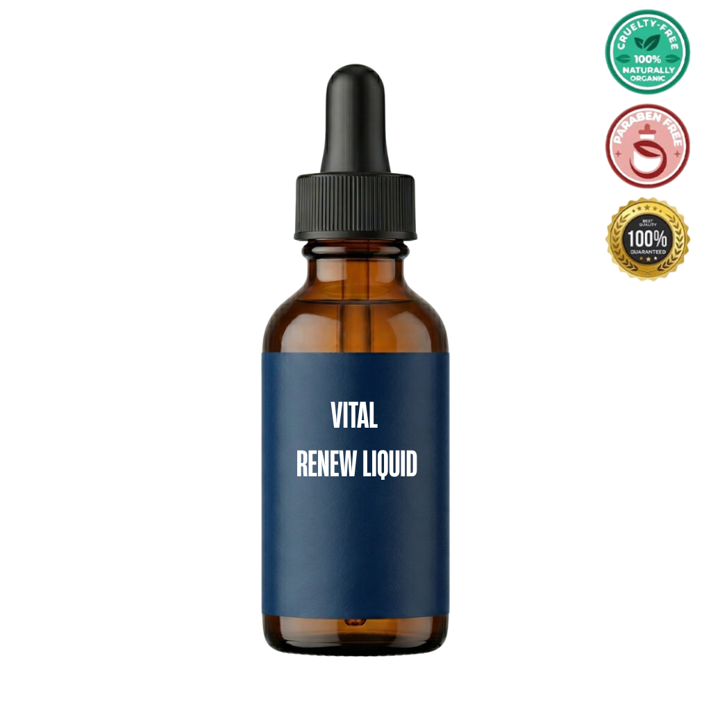 Vital Renew Liquid skincare bottle with dropper designed for daily use for refreshed, smooth skin.