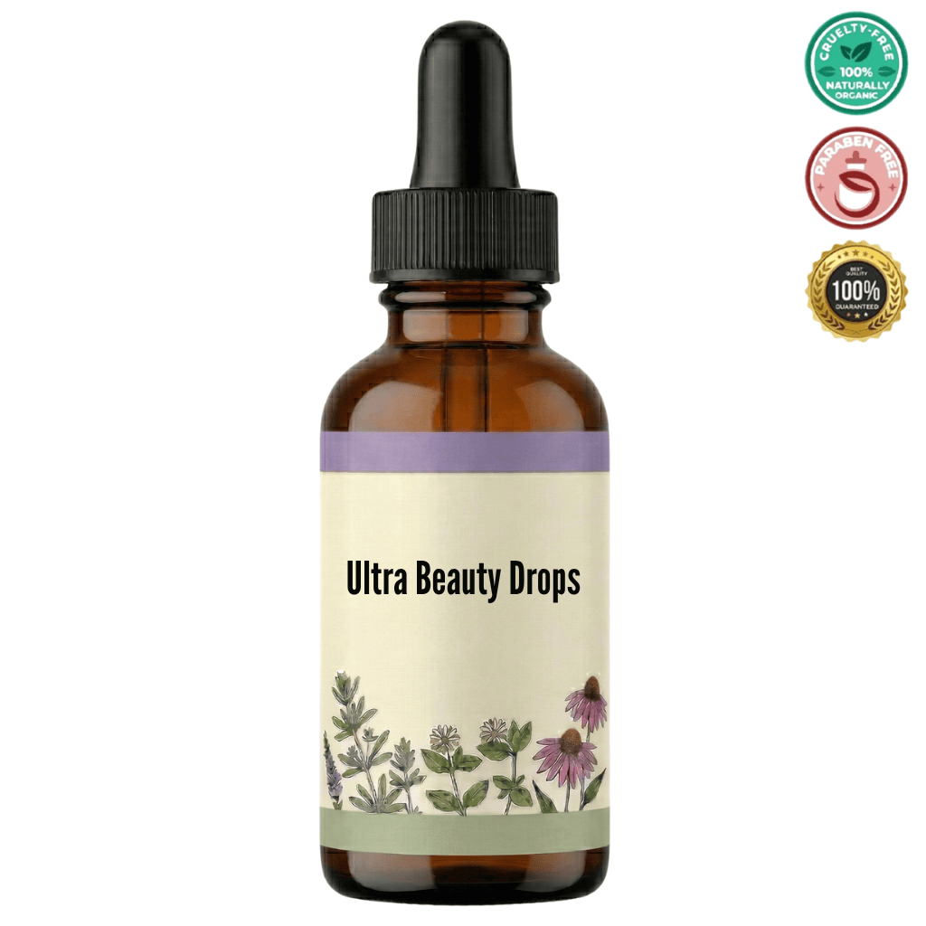 Ultimate Beauty Drops bottle with a dropper, showcasing a floral design for a refreshing beauty solution.