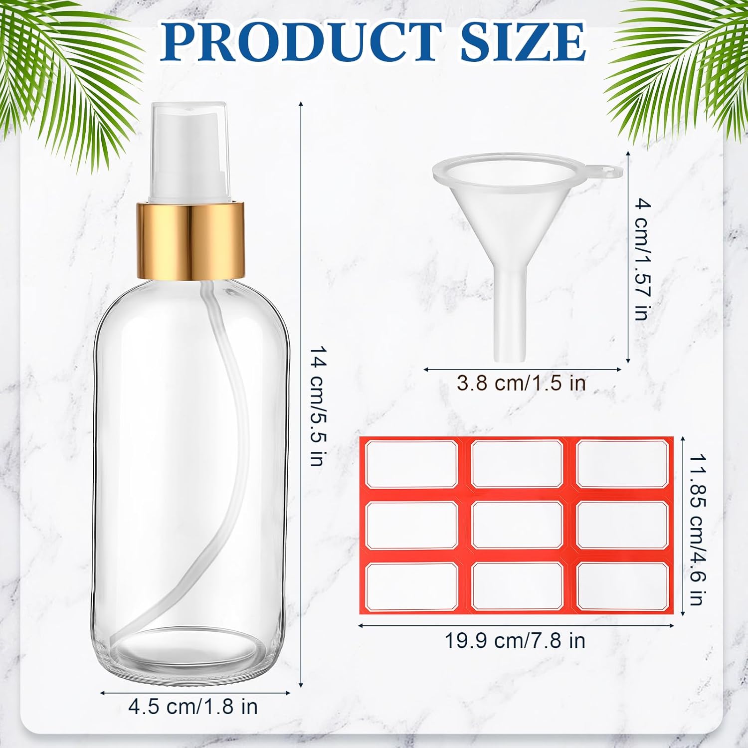Zentheca – Refillable Fine Mist Spray Bottles size chart with measurements for bottles and funnel.