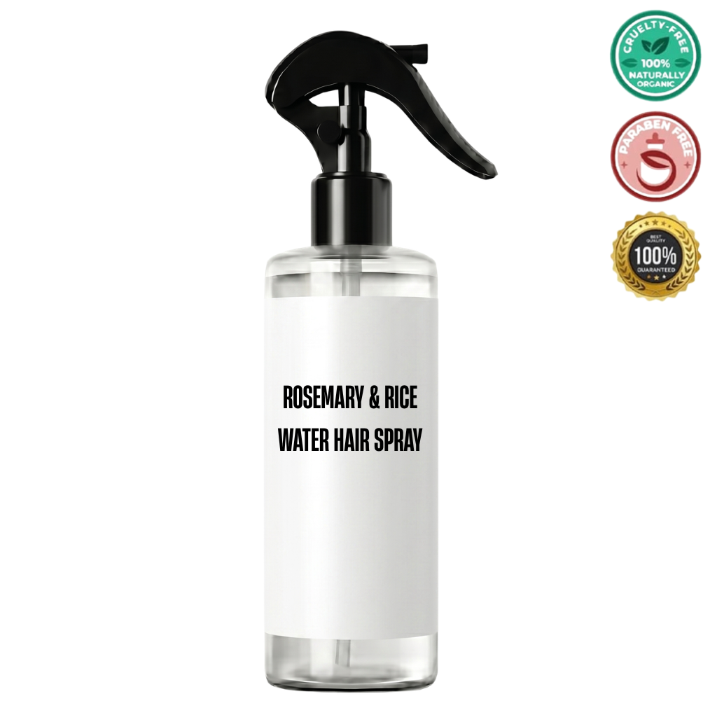 Rosemary & Rice Water Hair Spray bottle with labels showing cruelty-free and paraben-free certifications.