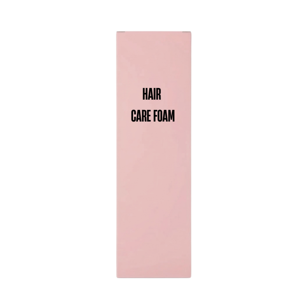Hair Care Foam product packaging on a pink box, showcasing the brand name prominently.