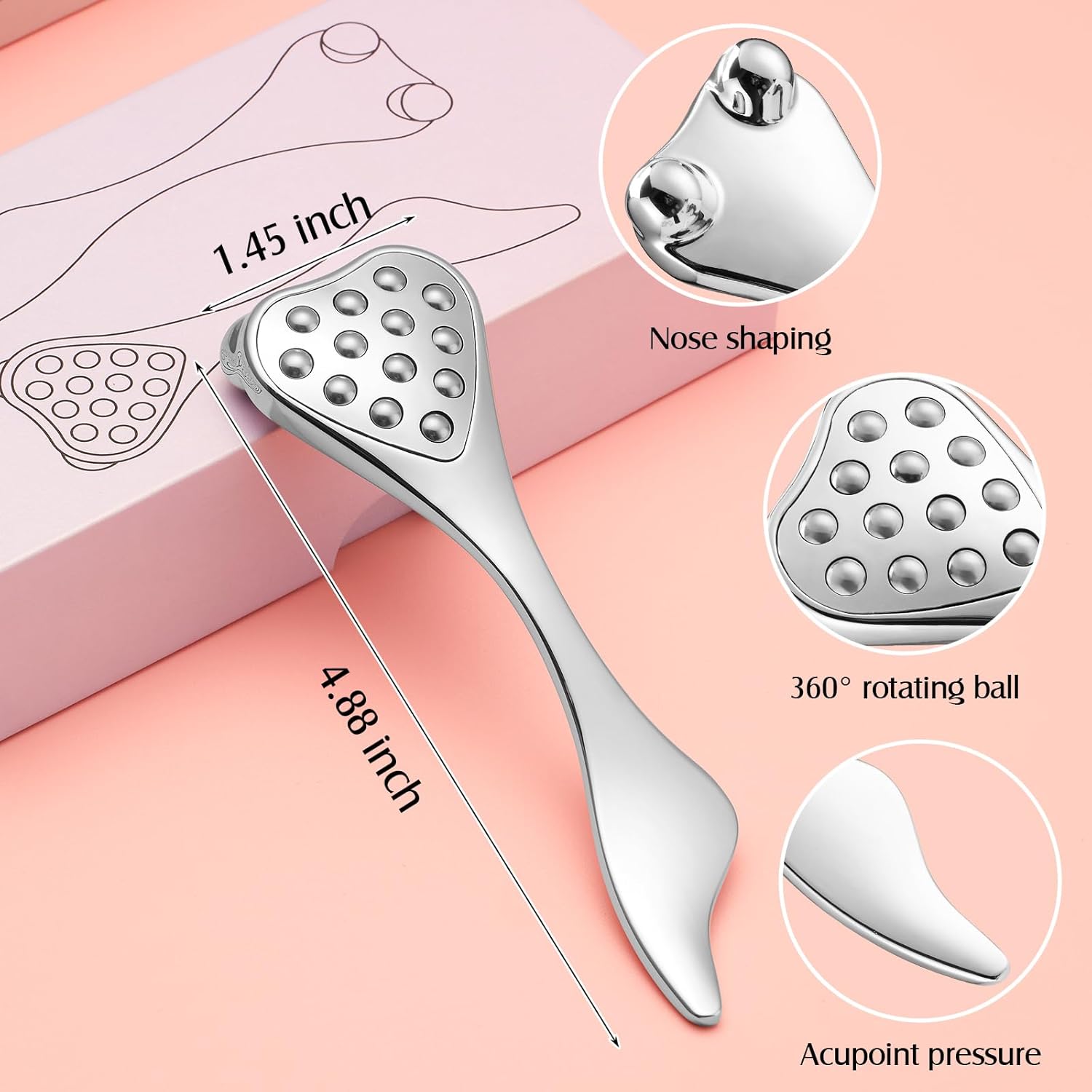 Zentheca 4-in-1 Facial Roller & Gua Sha Tool on a pink background, showcasing its nose shaping feature and 360° rotating ball.