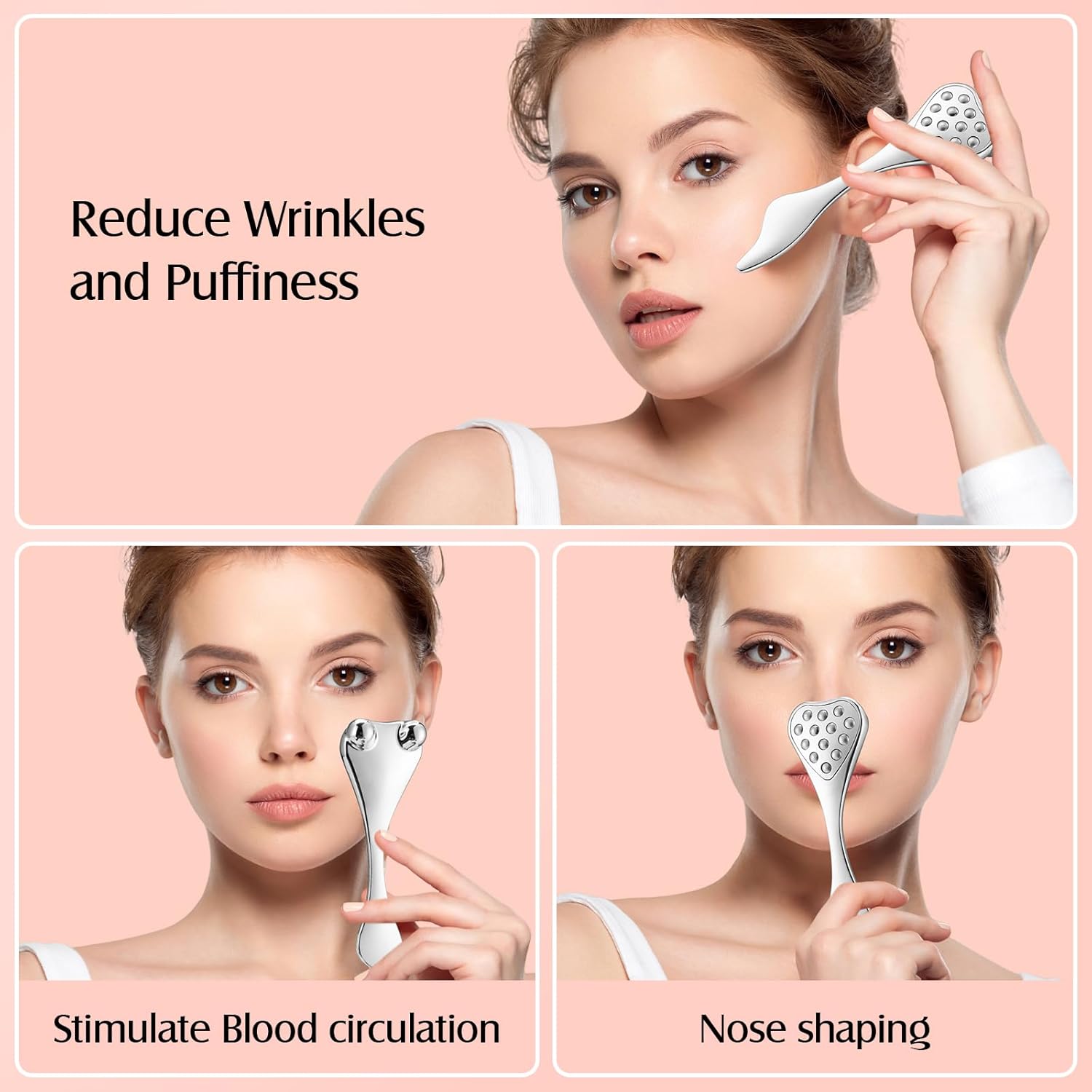 Zentheca 4-in-1 Facial Roller & Gua Sha Tool for reducing wrinkles and puffiness, stimulating blood circulation, and nose shaping.