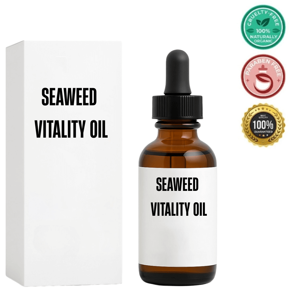 Seaweed Vitality Oil bottle with box, showcasing its cruelty-free and paraben-free certification.