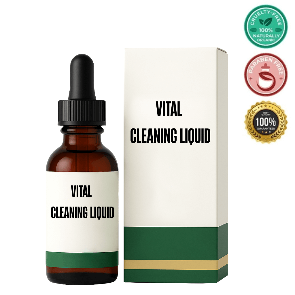 Vital Cleaning Liquid bottle and box packaging, highlighting its skin-beautifying properties and cruelty-free status.