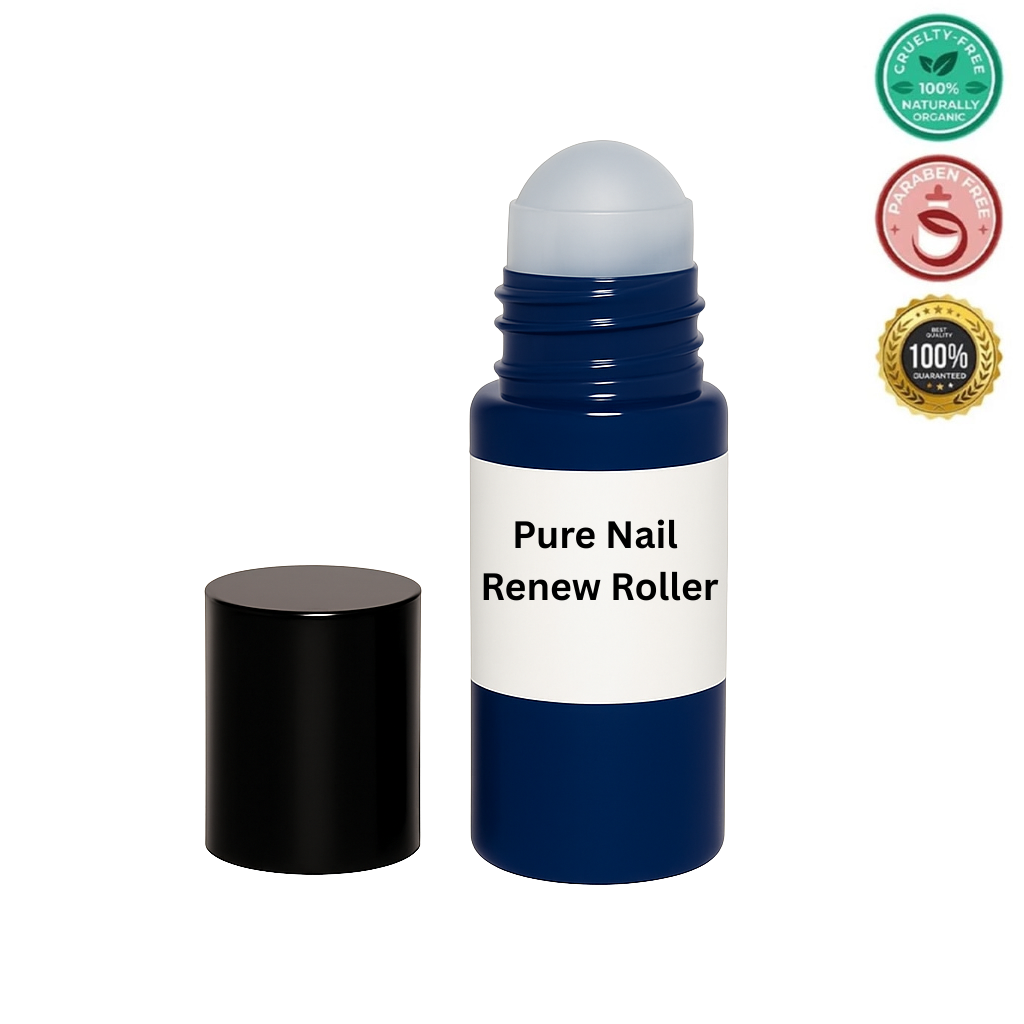 Pure Nail Renew Roller in a sleek blue bottle with a black cap, showcasing cruelty-free and natural certifications.