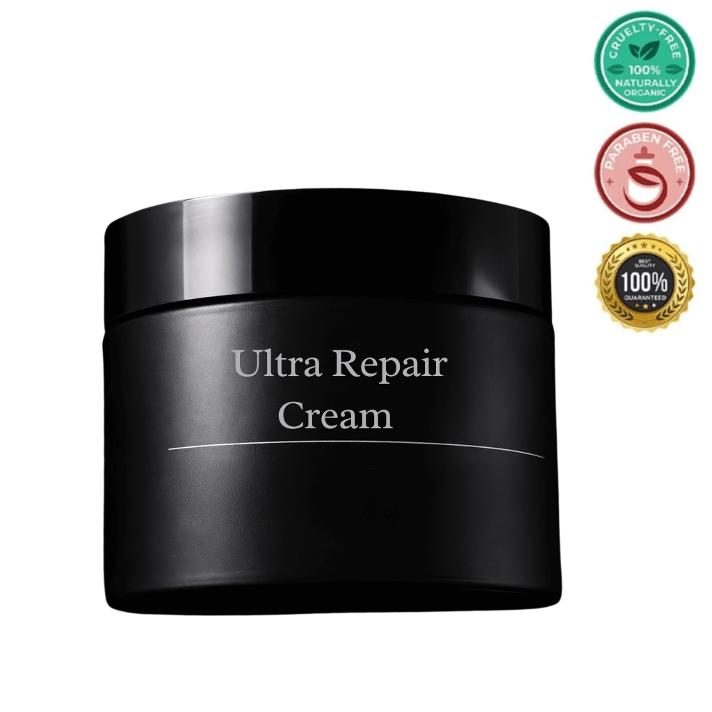 Luxe Ultra Repair Cream in a sleek black jar, featuring cruelty-free and paraben-free certifications.