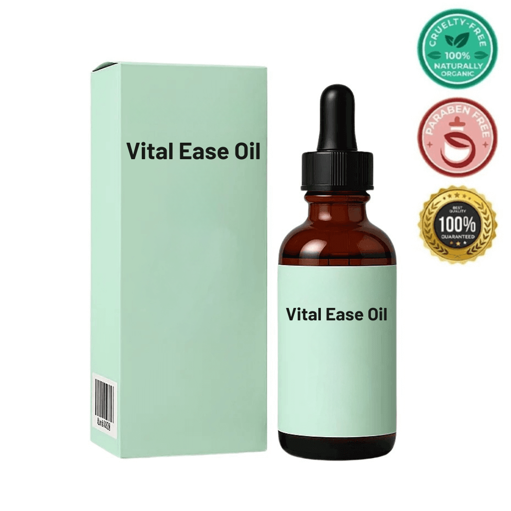 Vital Ease Oil bottle and packaging featuring cruelty-free and paraben-free certifications.