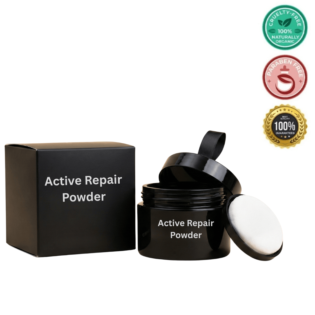 Active Repair Powder container and box, lightweight beauty powder for shiny and polished hair.