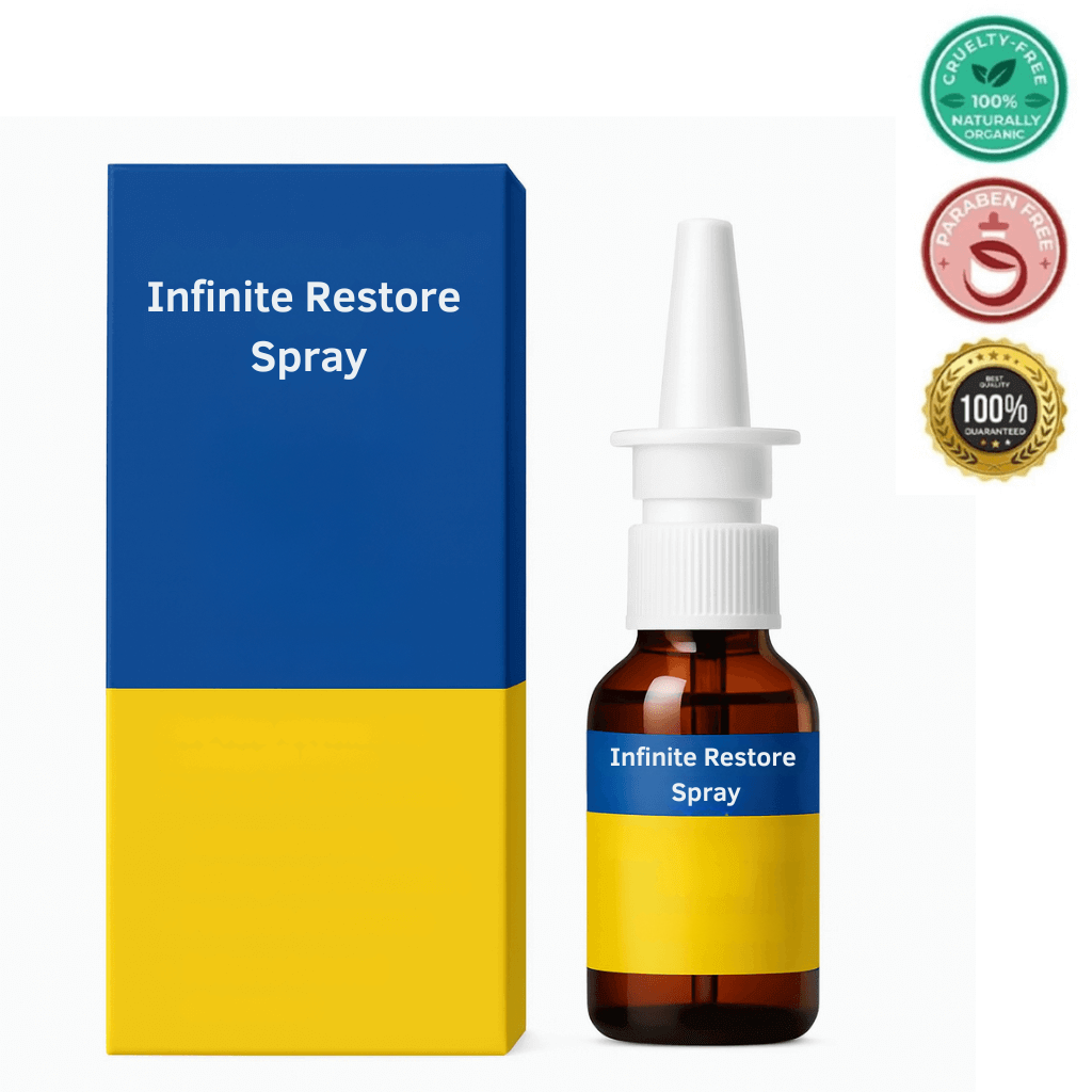 Infinite Restore Spray bottle and box showcasing skincare benefits for smooth, clean skin.