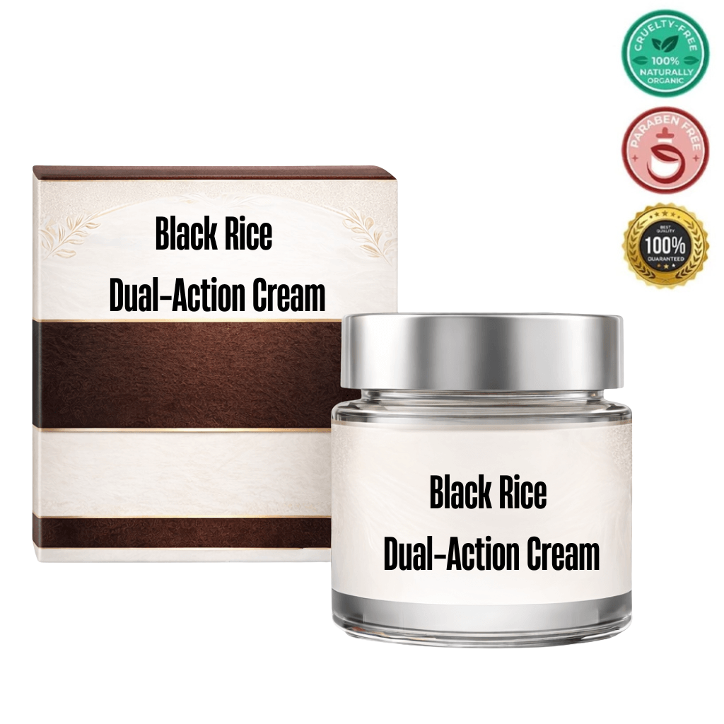 Black Rice Dual-Action Cream jar and box packaging for refined skincare to enhance smoothness and radiance.