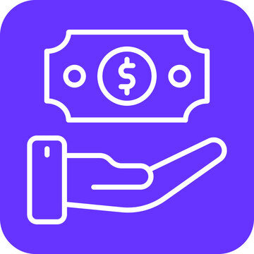 Icon representing Tips with a hand receiving money on a purple background.