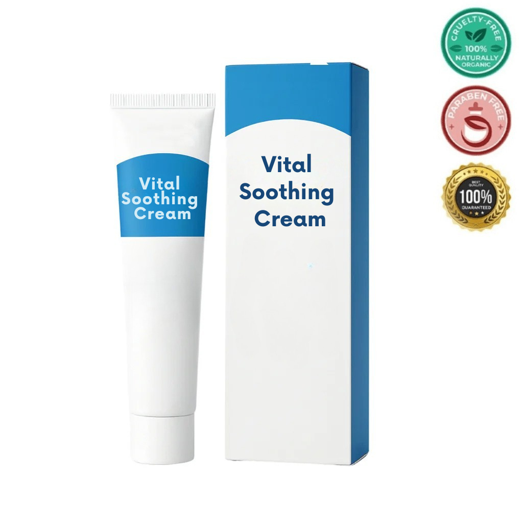 Vital Soothing Cream packaging with tube and box features, highlighting skin care benefits and natural ingredients.