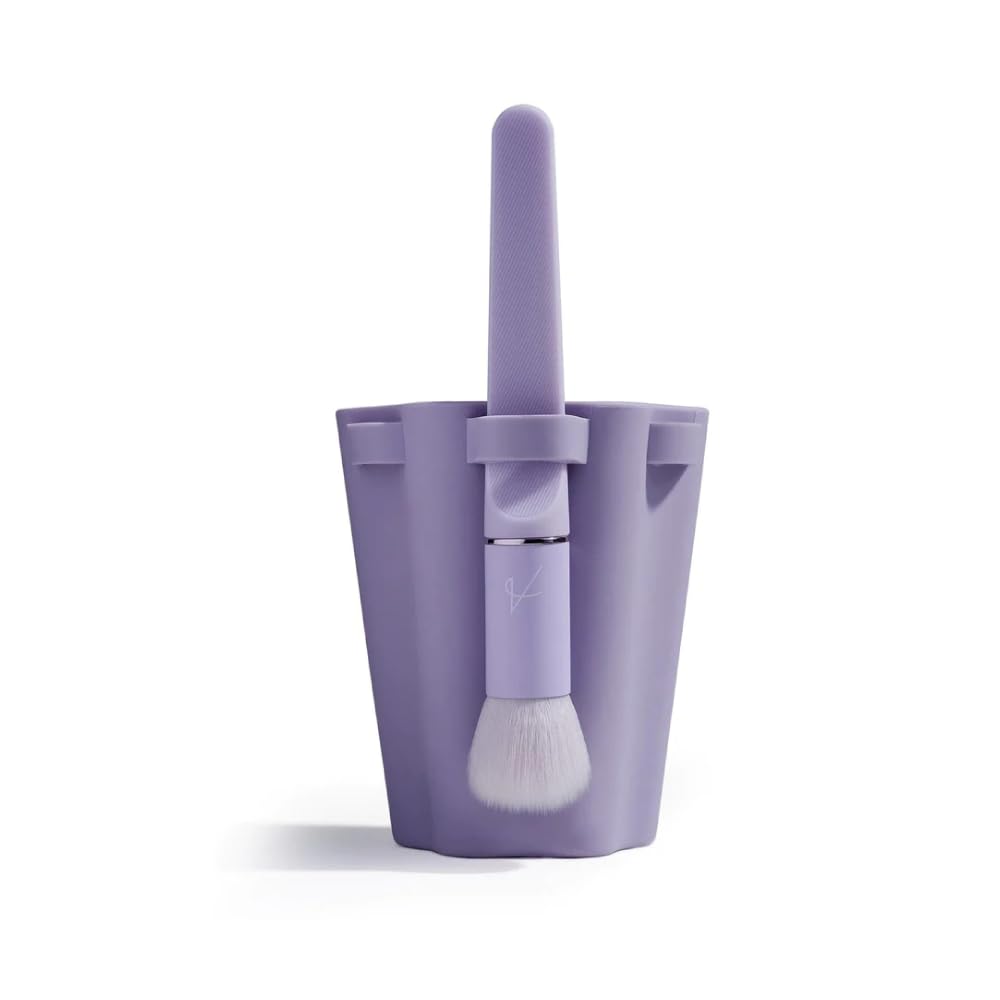 Zentheca Silicone Brush Care Cup with a makeup brush stored inside for safe drying and organization.