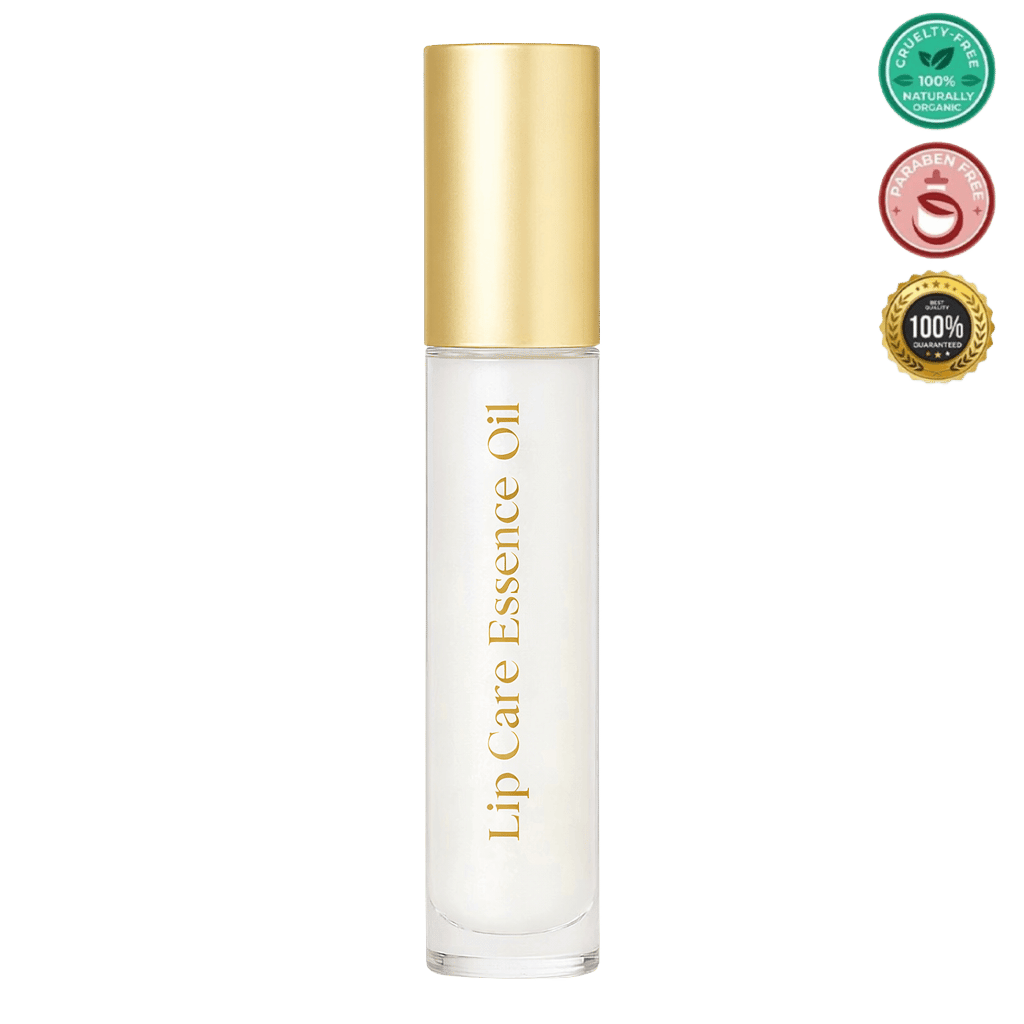 Lip Care Essence Oil in a clear tube with gold cap, delivering deep moisture for soft, supple lips.