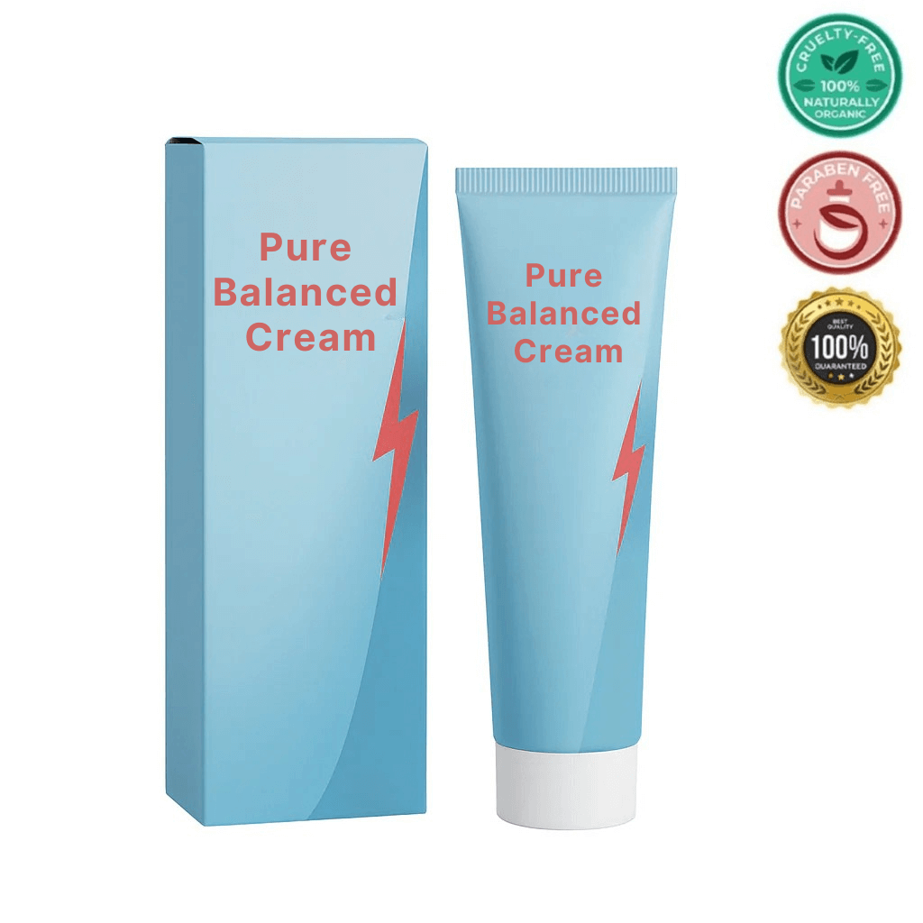 Pure Balanced Cream product packaging and tube displayed on a white background, highlighting its beauty care benefits.