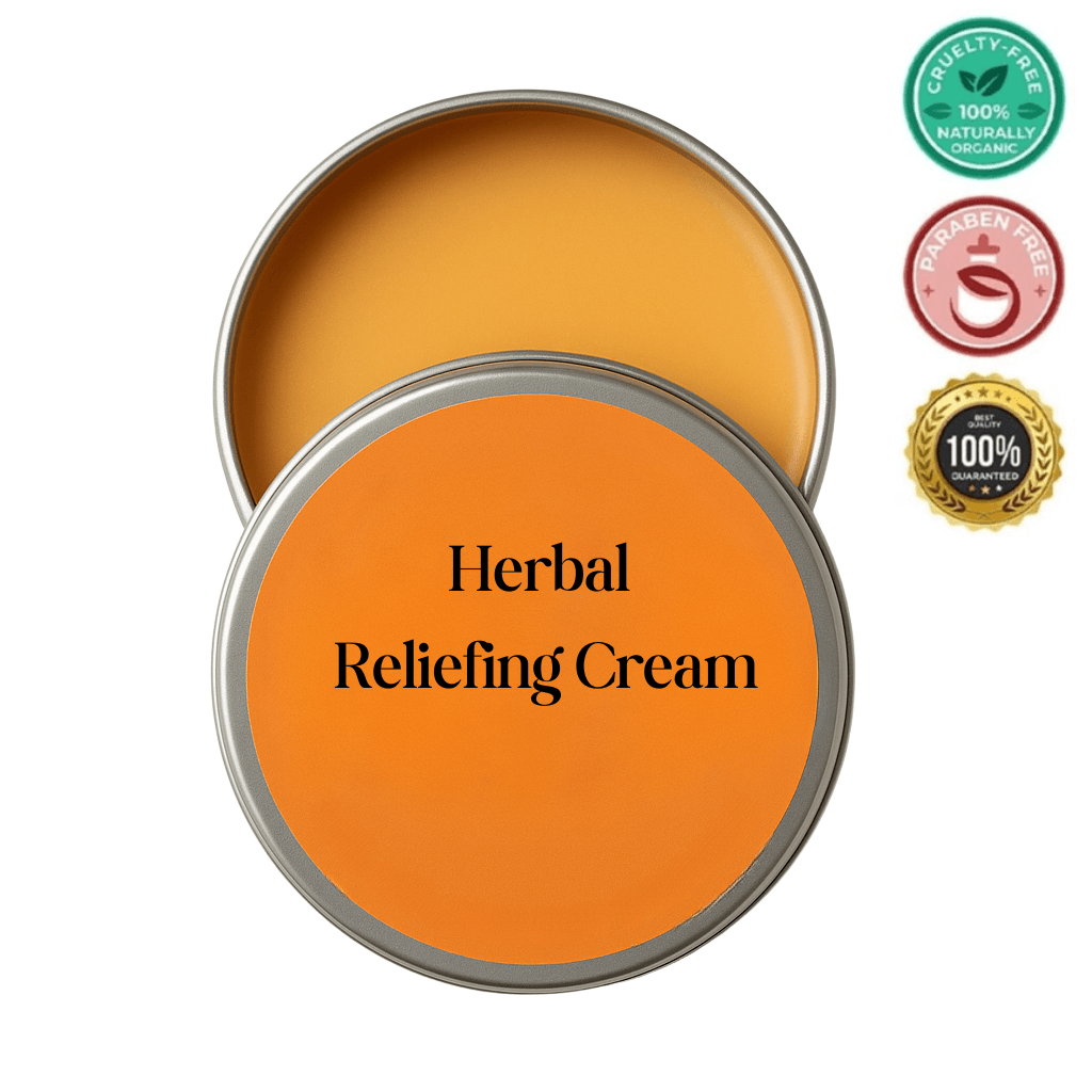 Open tin of Herbal Reliefing Cream showcasing its smooth, natural texture and cruelty-free certification.