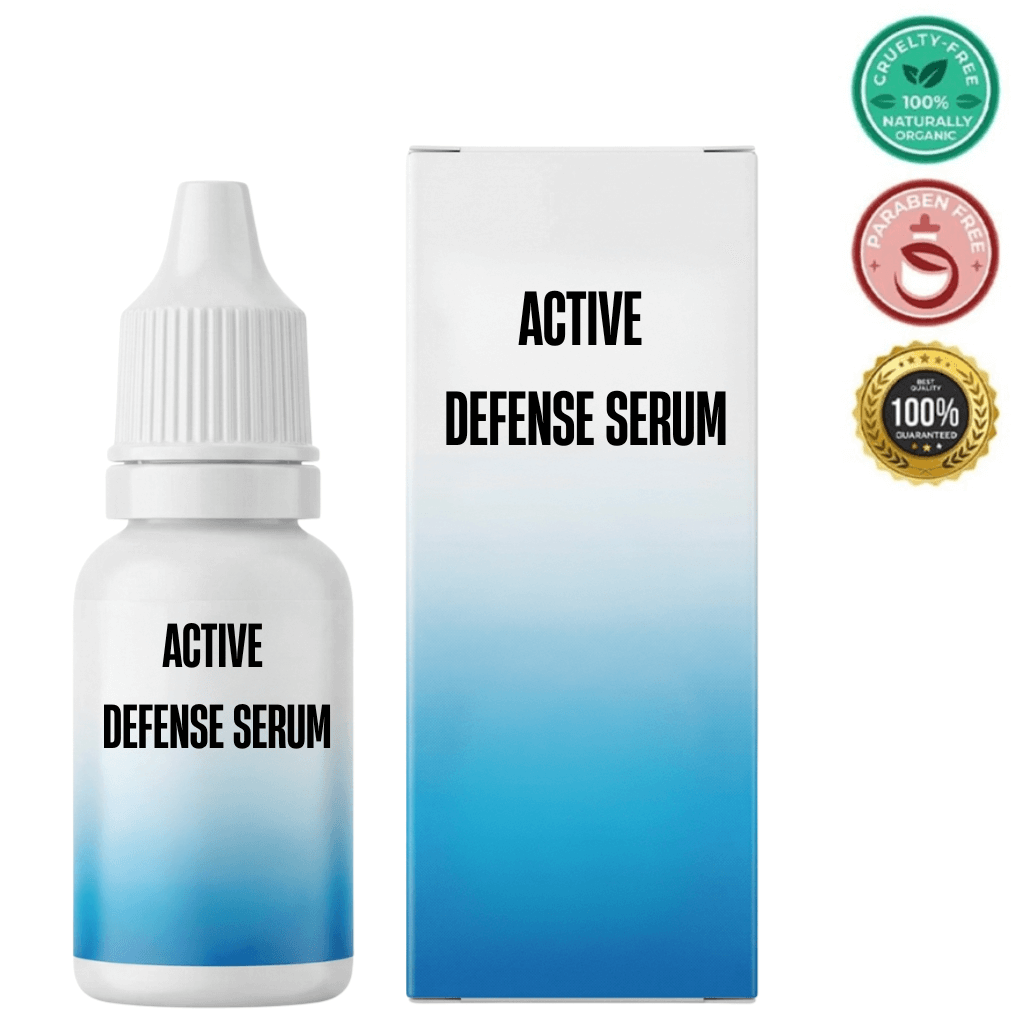 Image of Active Defense Serum bottle and packaging displaying cruelty-free and organic certifications.