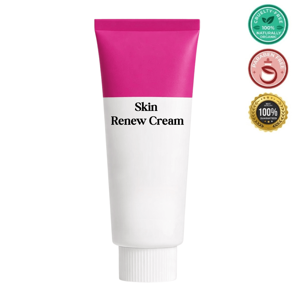 Skin Renew Cream tube with pink cap, cruelty-free, paraben-free, showcasing a refined skincare product.