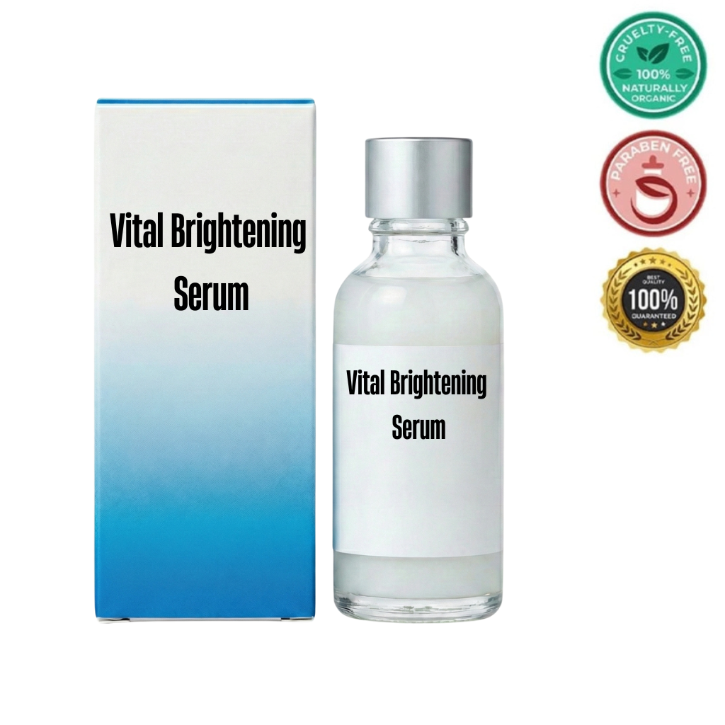 Vital Brightening Serum in clear bottle with blue box, promoting brighter-looking skin and daily care.
