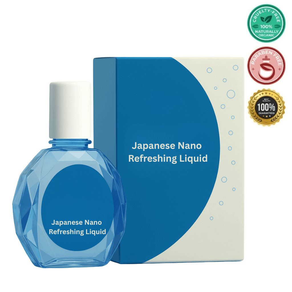 Japanese Nano Refreshing Liquid in a stylish bottle with box packaging featuring cruelty-free and paraben-free certifications.