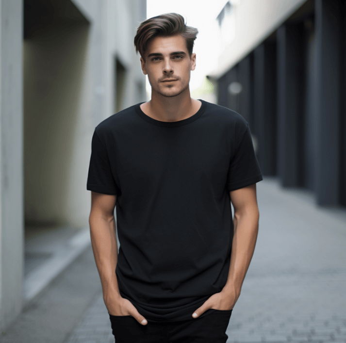 A young man in a black t-shirt stands confidently on a city street, showcasing a casual, stylish look.