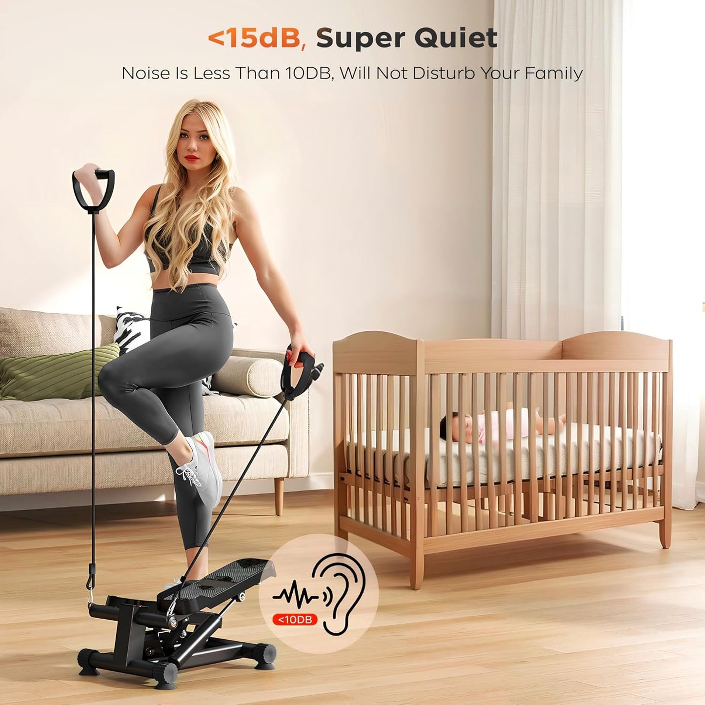A woman using the Zentheca StepPro stair stepper quietly in a home with a crib nearby.
