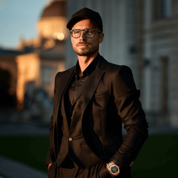 A stylish man wearing a black suit and cap, standing confidently outside in soft evening light.