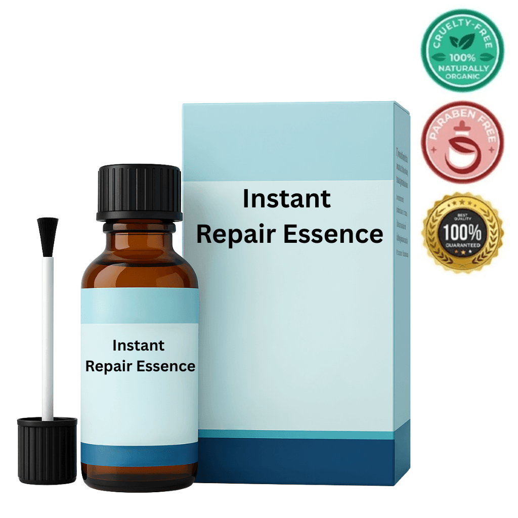 Instant Repair Essence bottle and packaging, highlighting its skin-enhancing properties and cruelty-free certification.