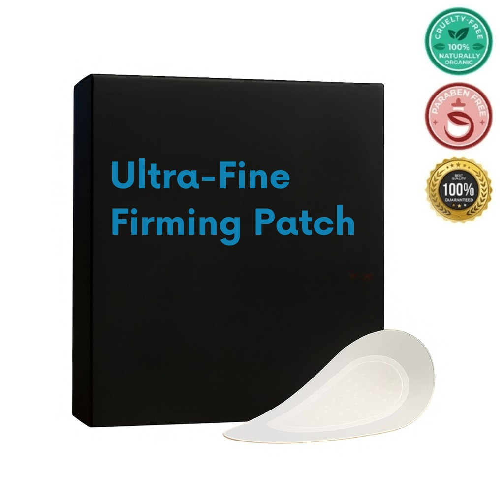 Ultra-Fine Firming Patch packaging with a beauty patch, showcasing skin care benefits and quality assurance labels.