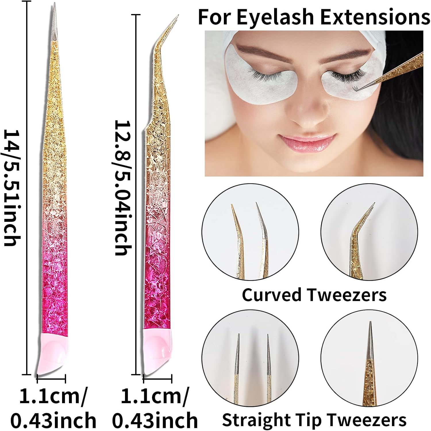 Zentheca – Precision Stainless Steel Tweezers for eyelash extensions with curved and straight tips.