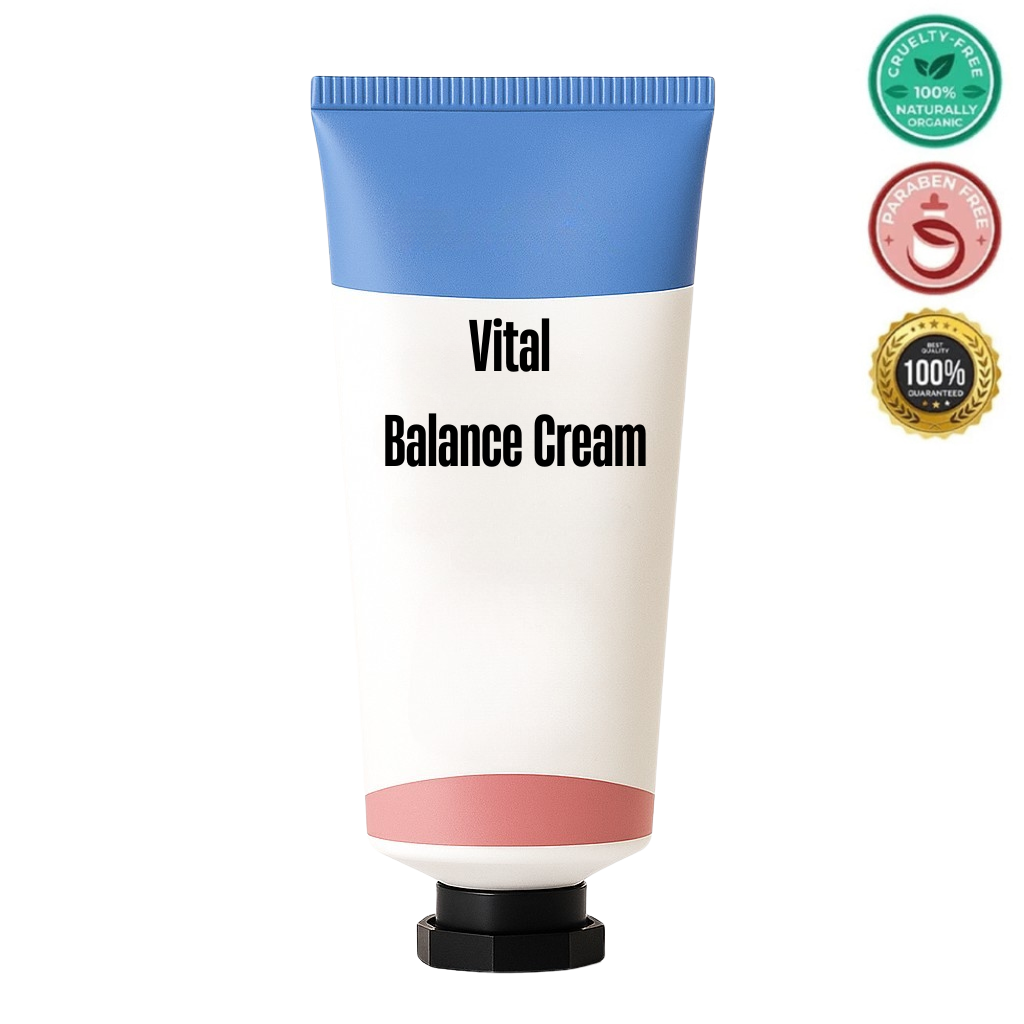 Vital Balance Cream packaging showcasing its smooth application and skin benefits.