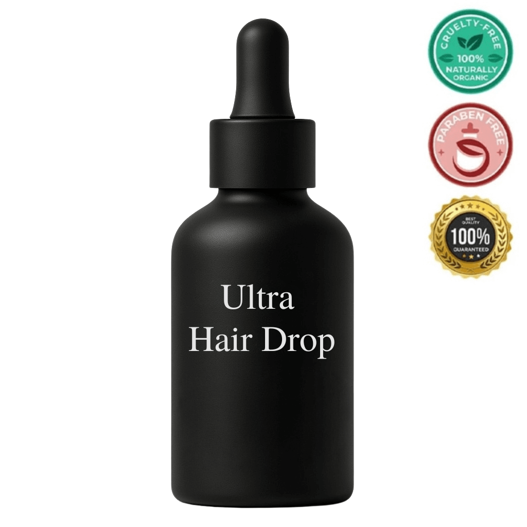 Ultra Hair Drop bottle featuring cruelty-free, naturally organic, and paraben-free labels.