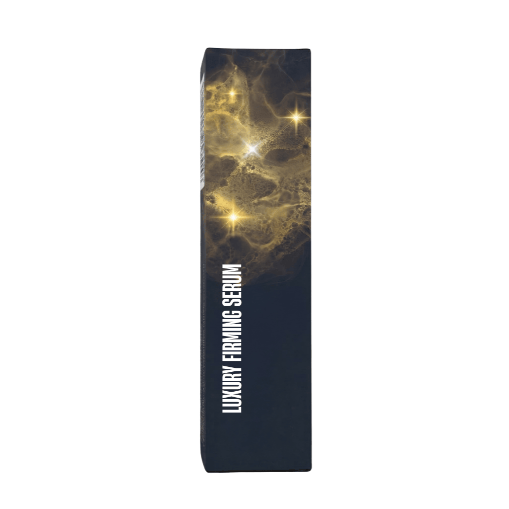 Deluxe Firming Serum packaging with luxe design, showcasing skincare benefits and elegant branding.