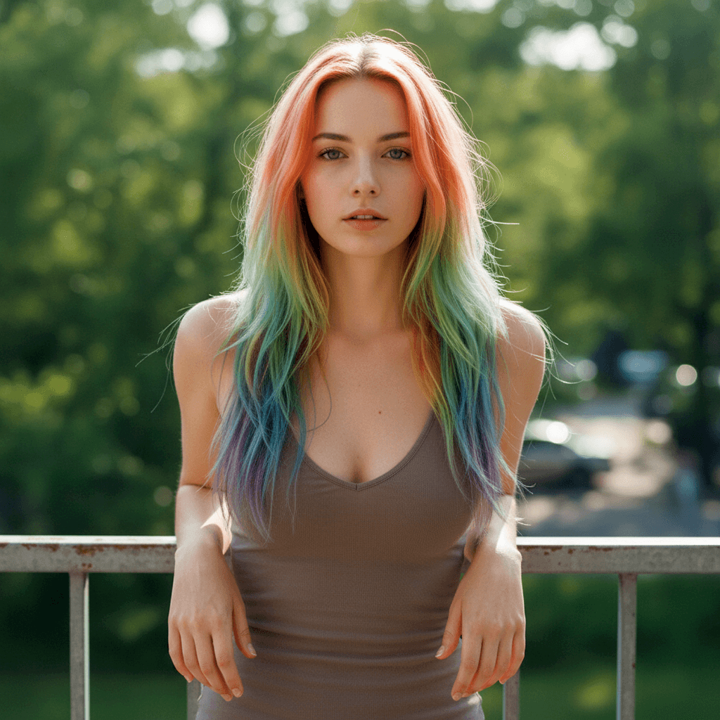 Woman with rainbow-colored hair posing outdoors, showcasing vibrant colors and a natural background.