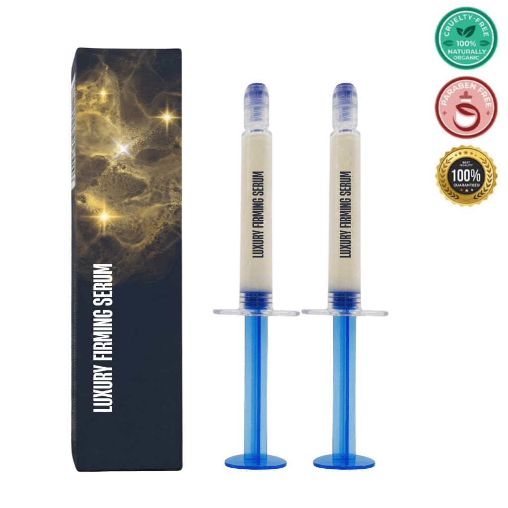 Packaging and two syringes of Deluxe Firming Serum with a stylish design and skincare certifications.