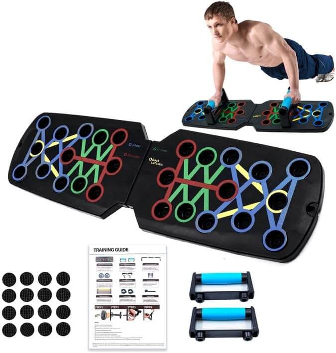 Man doing push-ups with Zentheca PressSync™, a foldable color-coded push-up board for effective upper-body workouts.