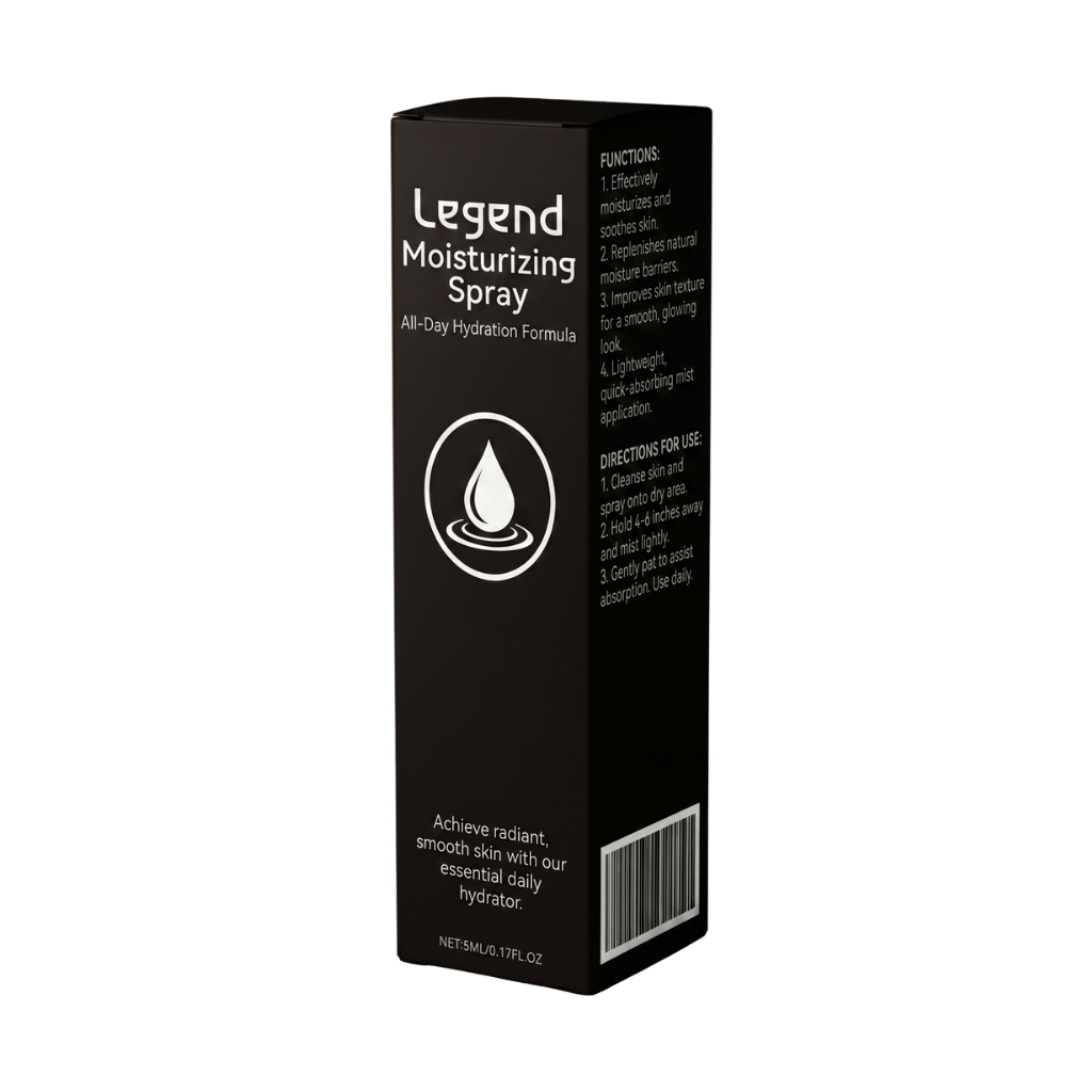 Legend Moisturizing Spray packaging featuring directions for use and benefits for hydrated skin.