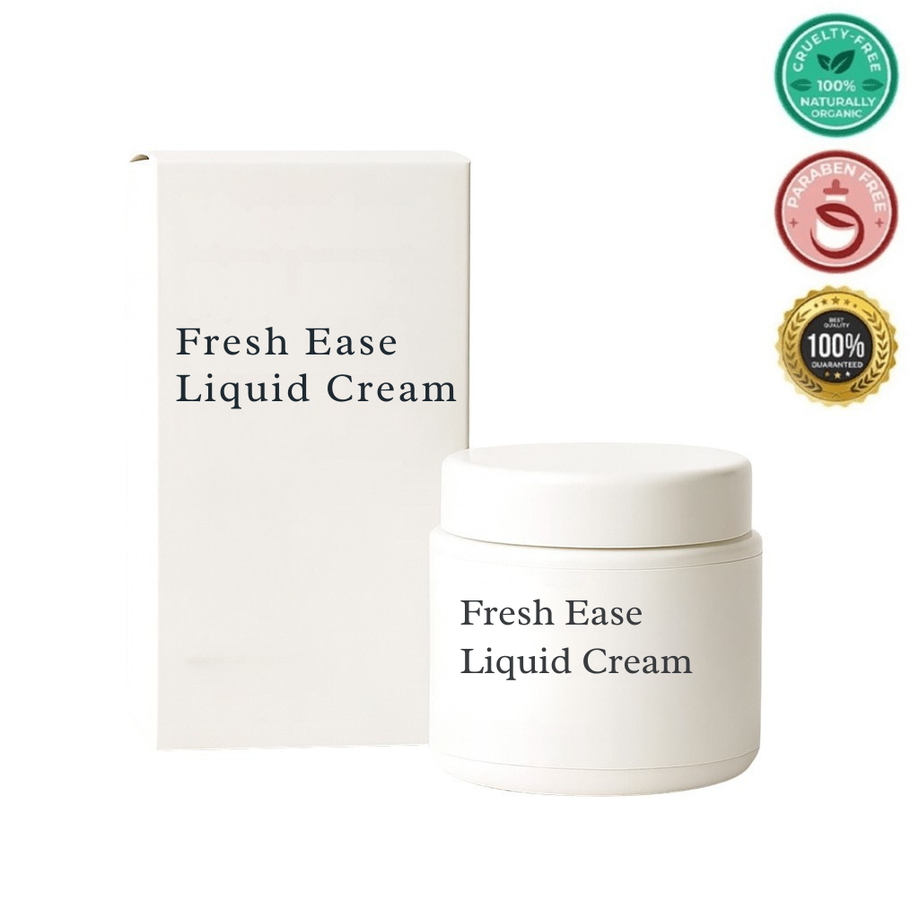 Fresh Ease Liquid Cream in a jar with white packaging, highlighting its lightweight, botanical skin care benefits.