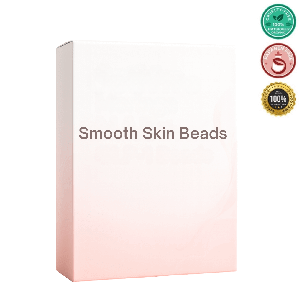 Smooth Skin Beads product packaging with a soft pink design and cruelty-free, paraben-free, and 100% natural labels.