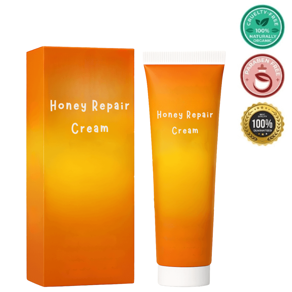 Honey Repair Cream in tube and box, showcasing its natural and cruelty-free skincare benefits.